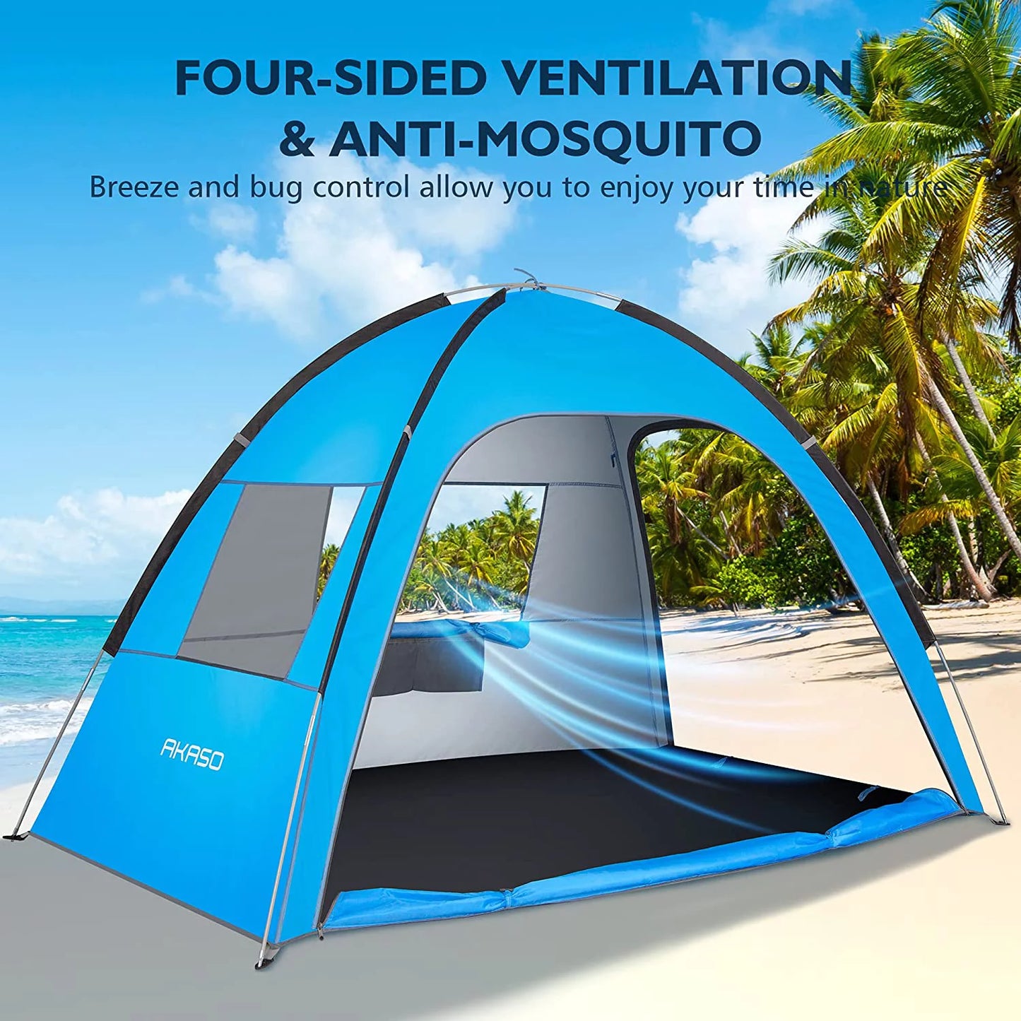 AKASizeO Beach Tent for 3-4 Person, UPF 50+ Assemble 7.4' x 4.7' Beach Tent, Blue