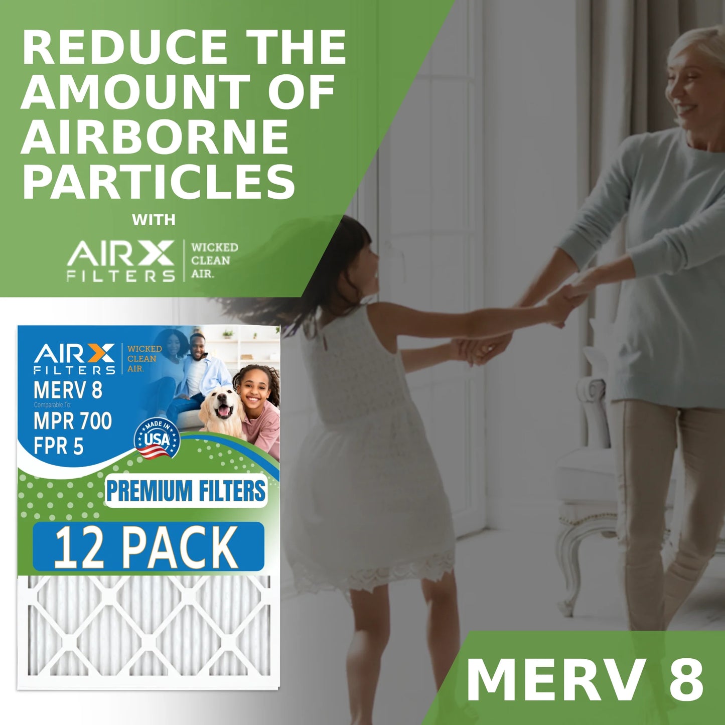 24x24x2 Air Filter MERV 8 Rating, 12 Pack of Furnace Filters Comparable to MPR 700 & FPR 5 - Made in USizeA by AIRX FILTERSize WICKED CLEAN AIR.