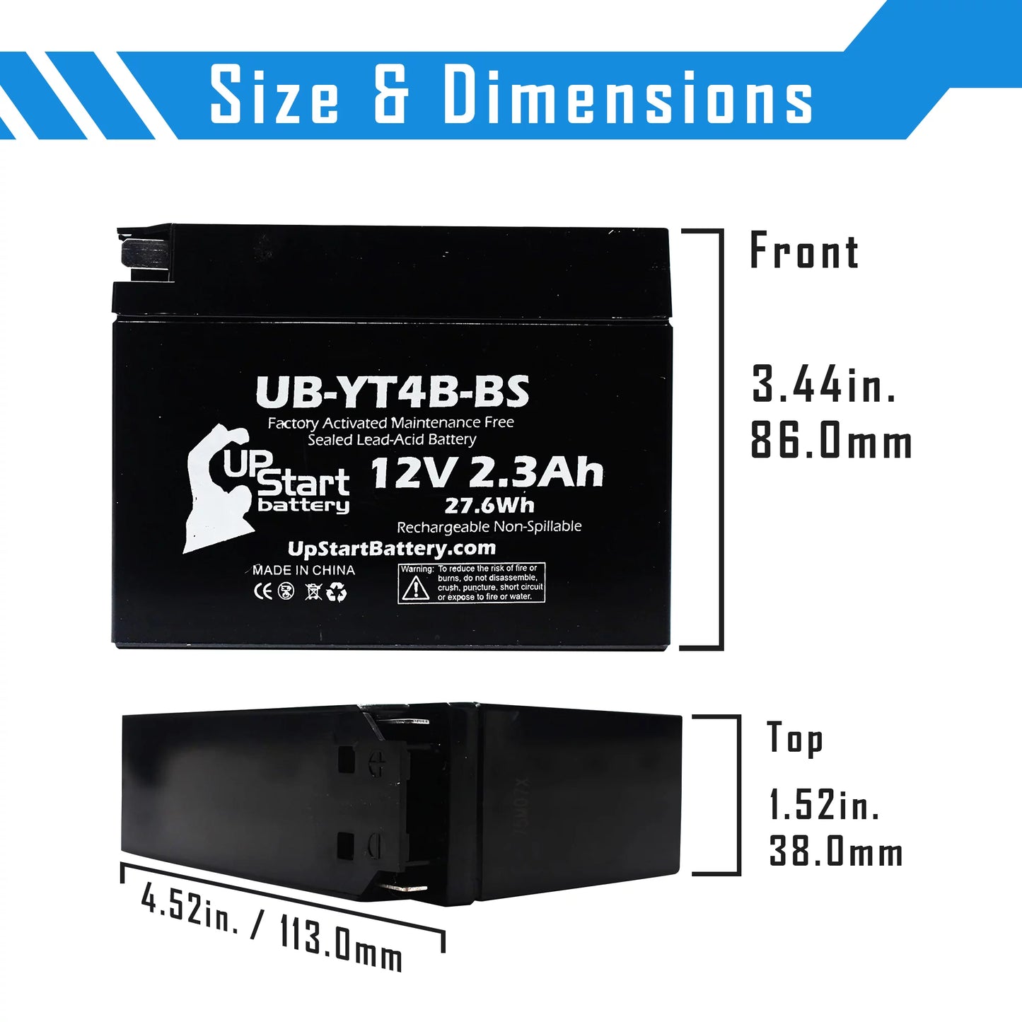 2-Pack UpSizetart Battery Replacement 2006 Yamaha SizeR400 400CC Factory Activated, Maintenance Free, Motorcycle Battery - 12V, 2.3Ah, UB-YT4B-BSize