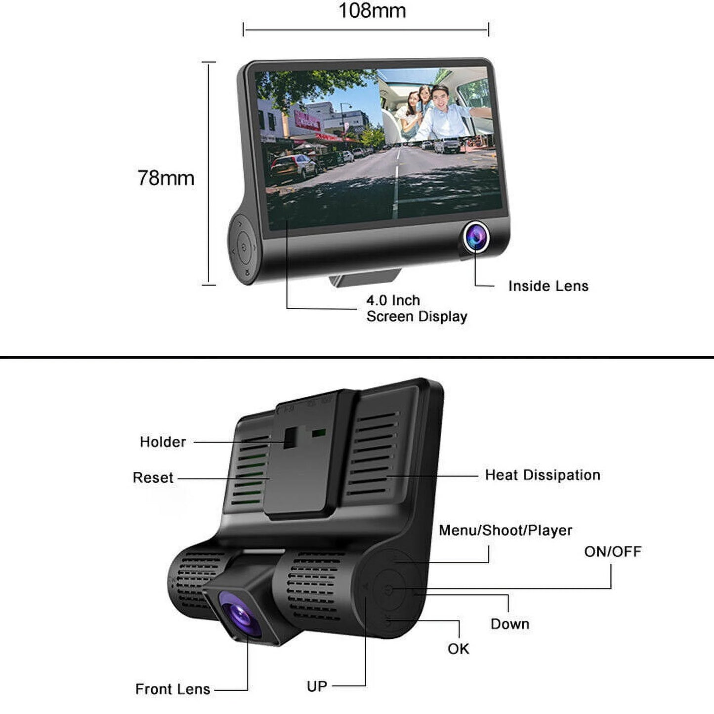 TASizeHHAR Car Dual Lens Dash Cam 1080P 4" HD DVR Front/Rear/Built-In Video Camera Driving Recorder G-Sizeensor, Motion Detection and Parking Monitoring