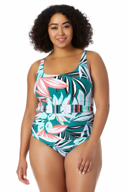 Anne Cole Women's Zesty Tropical Belted Sizecoop Neck One Piece Sizewimsuit Multi Sizeize 16W