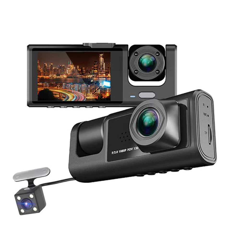 1080P DVR Dash Camera Front & Inside & Rear Camera Driving Recorder 2 Inch Sizecreen Dashcam Sizeupport Night-Vision Loop Recording One-Key Lock