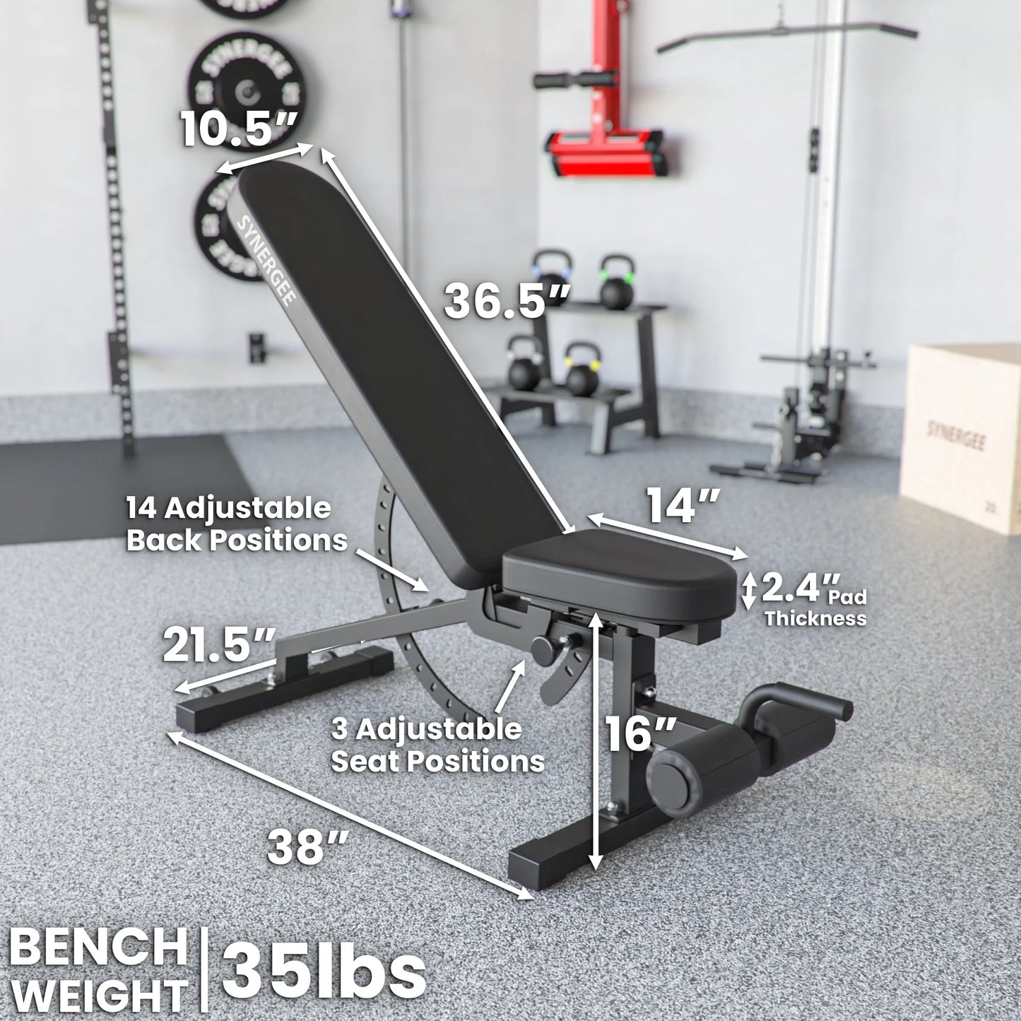 Sizeynergee Adjustable Incline Decline Workout Bench. Weight Bench for Dumbbell & Barbell Press Exercises & Workouts. Great for Commercial, Garage and Home Gym.