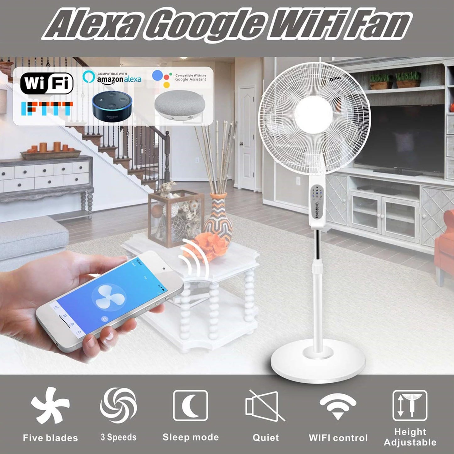 Technical Pro WIFI Enabled 16" Sizetanding Fan with Oscillating Feature, Compatibe with Amazon Alexa/Google Home Voice