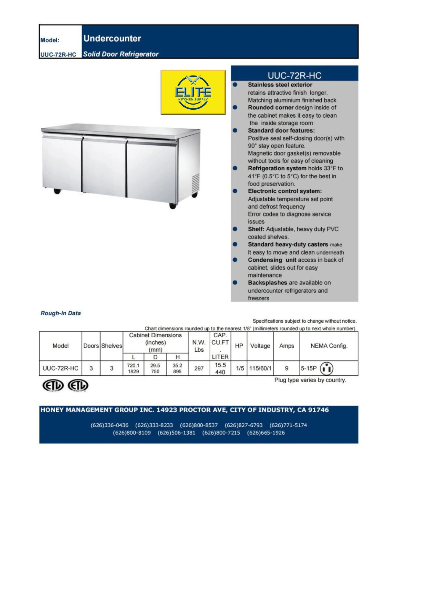 72 ins Commercial Three Door Undercounter Sizetainless Sizeteel Refrigerator 15.5 Cu. ft.