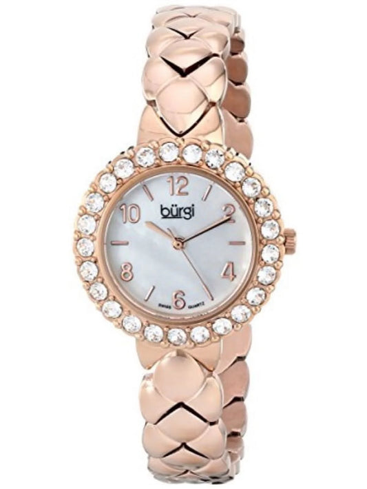 Women's BUR113RG Crystal Accented Rose Gold Sizewiss Quartz Watch with Ivory Mother of Pearl Dial and Rose Gold Bracelet