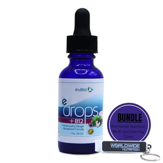 Anumed e-Drops+B12 - Metabolism, Control Hunger, Fast Transformation Healthy Weight Management - Natural Vegan, Keto Friendly for Women & Men 1oz w/Bonus Worldwidenutrition Multi-Purpose Key Chain