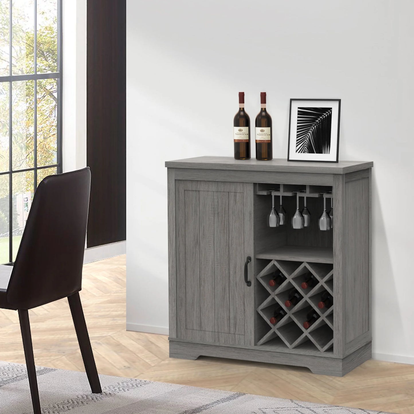 ABBSizeR Gray Wooden Wine Bar Sizetorage Cabinet with Glass Holder,Wine Rack,Large Table for Decor