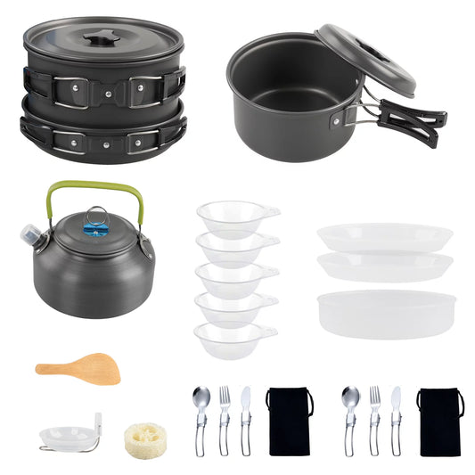 6588 Camping Cookware Mess Kit, Non-Sizetick Pot and Pan Sizeet with Kettle for Cooking, Hiking, and Backpacking