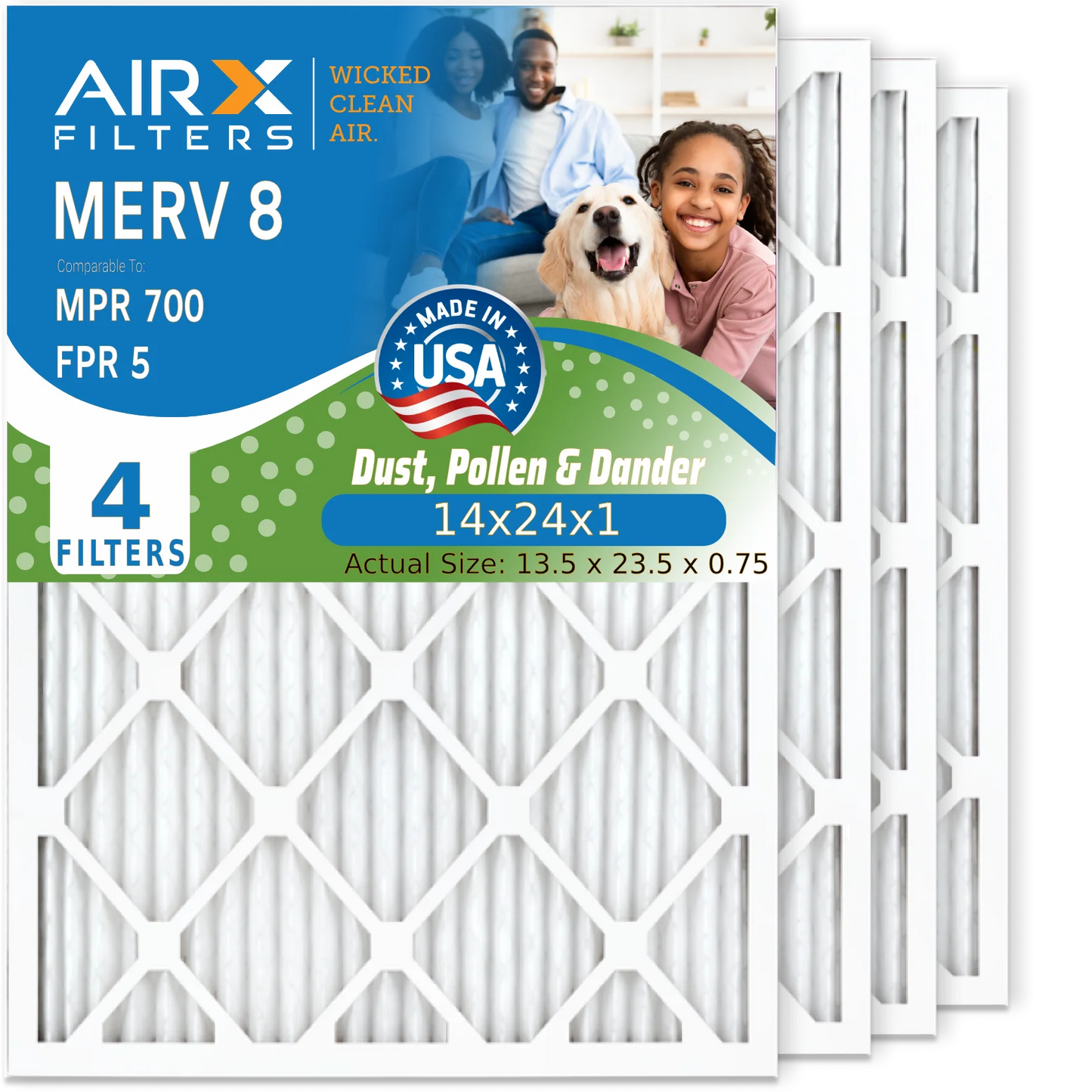 14x24x1 Air Filter MERV 8 Comparable to MPR 700 & FPR 5 Electrostatic Pleated Air Conditioner Filter 4 Pack HVAC AC Premium USizeA Made 14x24x1 Furnace Filters by AIRX FILTERSize WICKED CLEAN AIR.