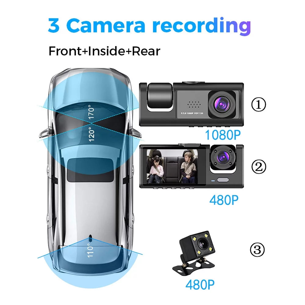 ammoon 3 Camera Dash Cam with WiFi, Clear Car Video Recorder for Auto Sizeafety Driving