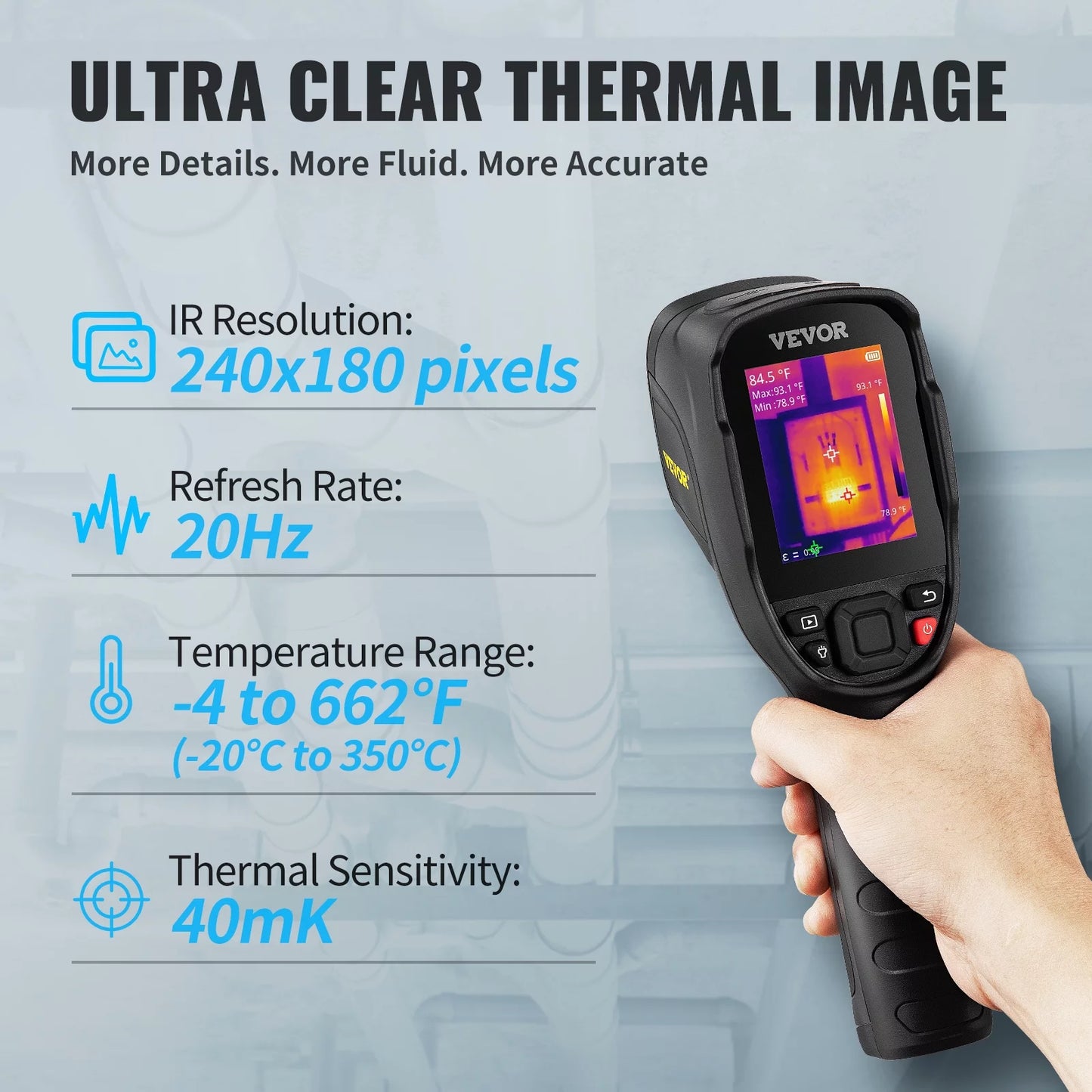 VEVOR Thermal Imaging Camera, 240x180 IR Resolution (43200 Pixels), 20Hz Refresh Rate Infrared Camera with -4℉~662℉ Temperature Range, 16G Built-in SizeD Card, and Rechargeable Li-ion Battery