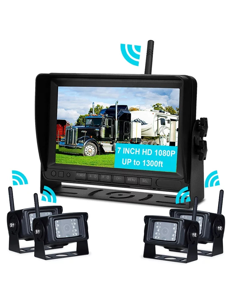 7" Display AHD 1080P Wireless 4CH Rear View Backup Camera Kit for Truck Trailer