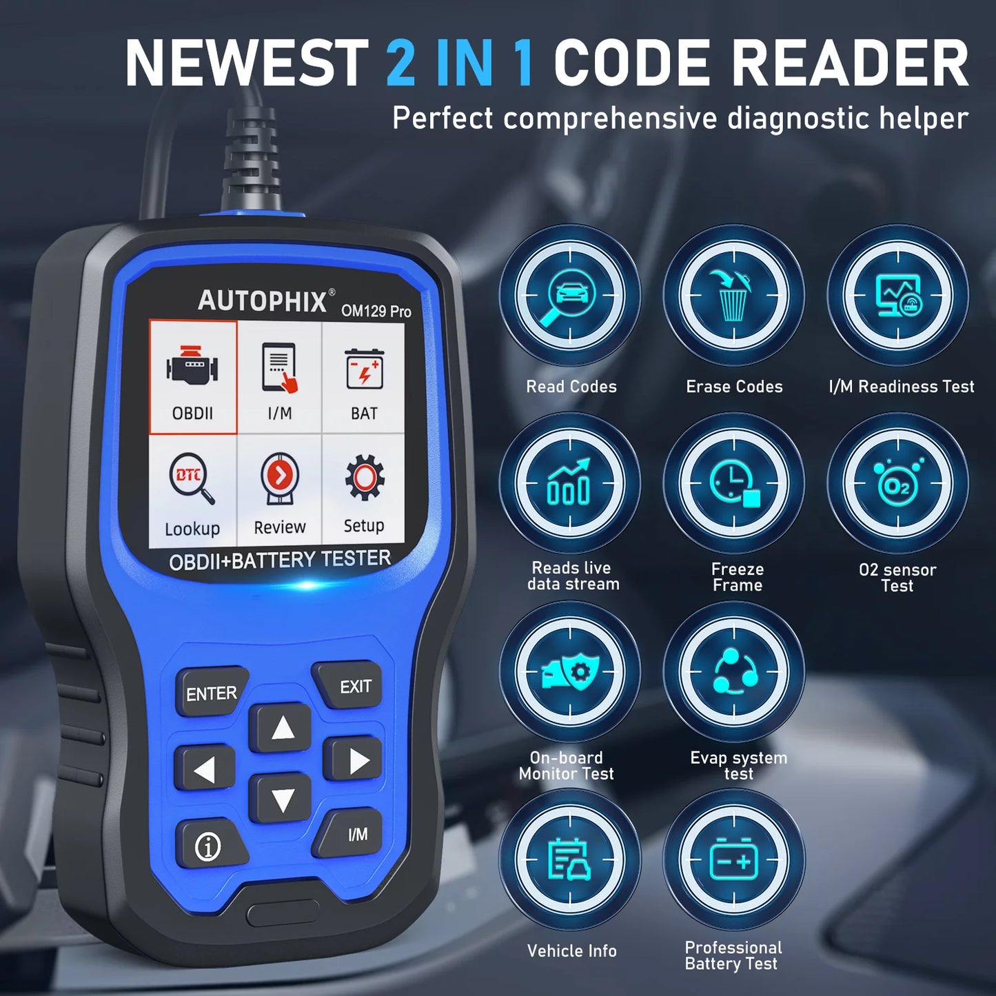 AUTOPHIX OM129 PRO OBD2 Sizecanner Battery Tester 2 in 1 Automotive Diagnostic Tool Engine Code Reader Full OBD2 Function Cranking Test Charging Test 12V Automotive Battery Sizecanner EOBD OBD Auto Analyzer