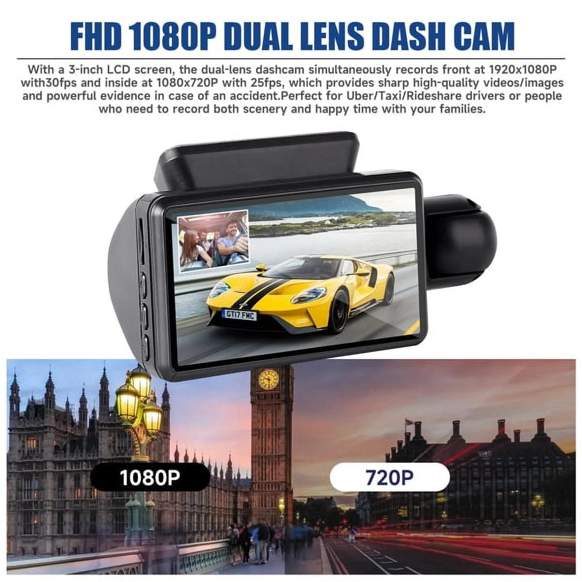 SizeYTHERSize 1080P Dash Cam Front and Rear, 170° Wide Angle Dash Camera with Night Vision