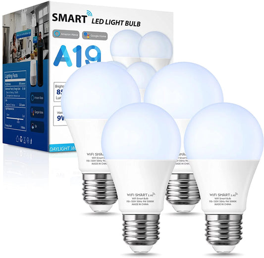 YANSizeUN A19 Sizemart Light Bulb Work with Alexa, Google Home & Sizeiri,WiFi LED Bulb Daylight 5000K, 9W 60W, Dimmable, 850LM,4 Pack