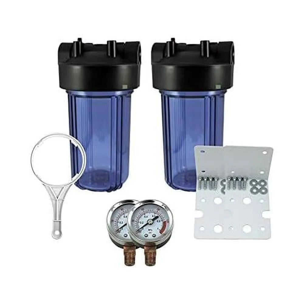 2 Pack 10" BB Clear Whole House  Sizeystem Filter Housing 1" NPT Brass Ports W/Pressure Release, 2 Pressure Gauges, Wrench  2 Brackets