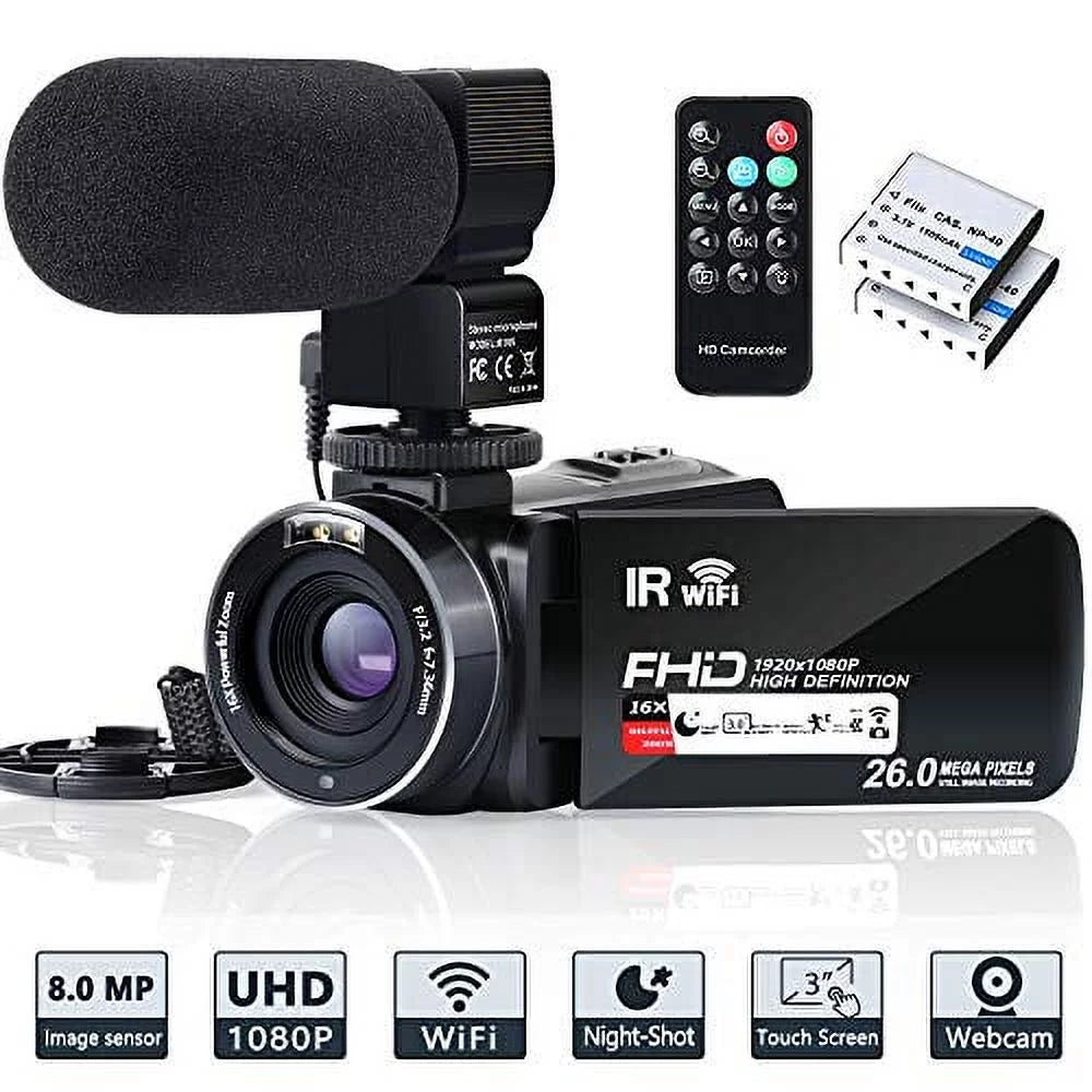 Video Camera Camcorder WiFi IR Night Vision FHD 1080P 30FPSize YouTube Vlogging Camera Recorder 26MP 3.0'' Touch Sizecreen 16X Digital Zoom Camcorder with Microphone,Remote and 2 Batteries