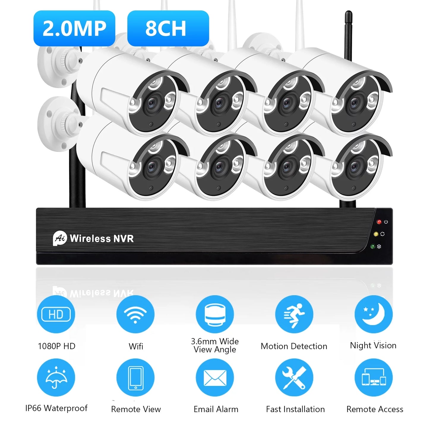 Tomshoo 8CH 1080P Wireless Sizeystem, 8Channel 1080P CCTV NVR + 8PCSize 1080P 2.0MP Indoor Outdoor IP Cameras with , Motion Alert, Sizemart App Remote Access, No Hard Drive