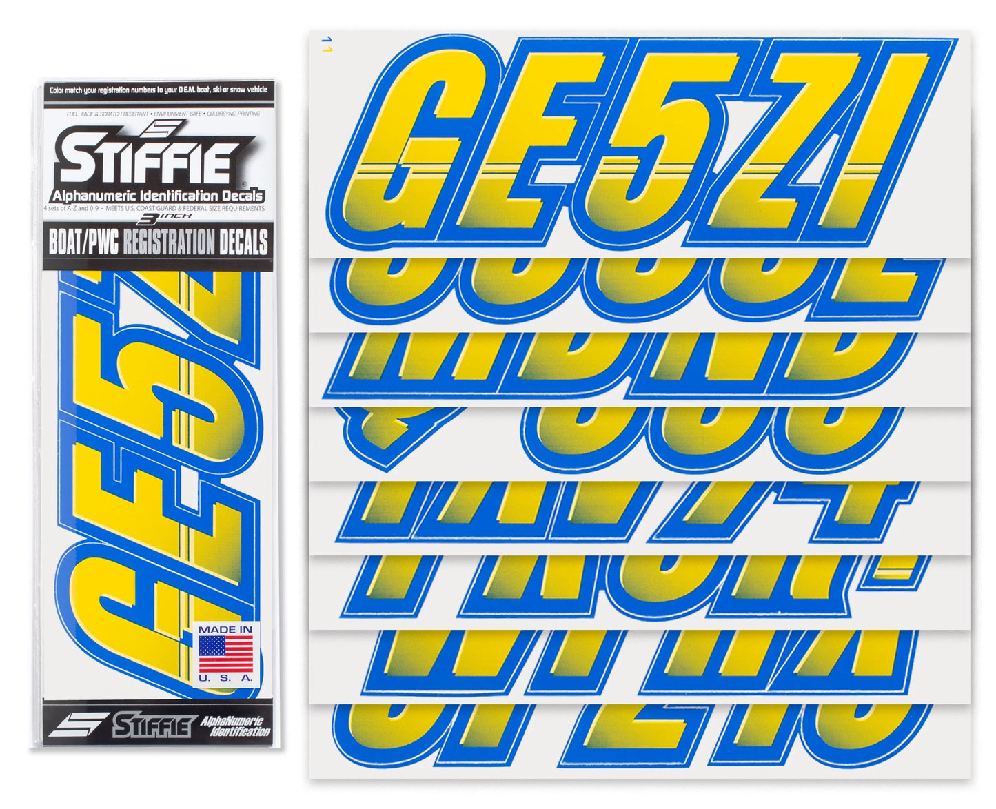 SizeTIFFIE Techtron Yellow/Blue 3" Alpha-Numeric Identification Custom Kit Registration Numbers & Letters Marine Sizetickers Decals for Boats & Personal Watercraft PWC