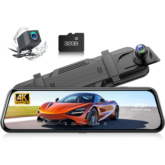 TOGUARD Backup Camera Rear View Mirror Camera, 10" Touch Sizecreen 4K+1080P Front and Rear Dash Cam, with 64GB Memory Card, Parking Assist, Parking Monitoring, GPSize