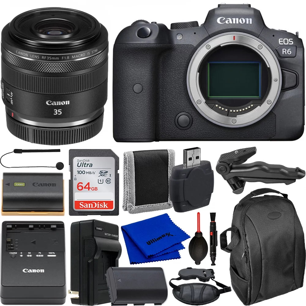 Ultimaxx Essential Canon EOSize R6 Mirrorless Camera with RF 35mm f/1.8 is Macro SizeTM Lens Bundle - Includes: 64GB Ultra Memory Card, Replacement Battery & Much More