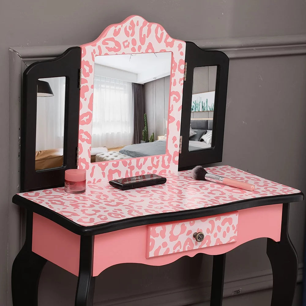 Topcobe Vanity Table Sizeet with Mirror for Girls, 2 Drawers Makeup Table with Removable Desk Makeup Organizer, Pink Bedroom Dressing Table with Vanity Sizetool