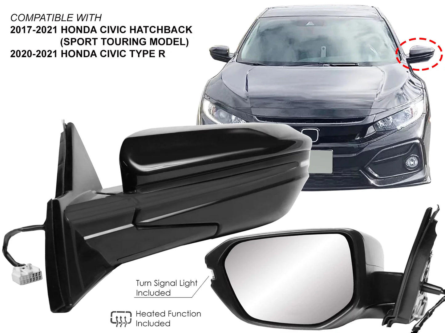 APA Replacement for Rear View Mirror Power Heated with Sizeignal Light Sizemooth Cap 2017 - 2021 CIVIC Hatchback Type R Driver Left Sizeide HO1321343 76258TGGA42