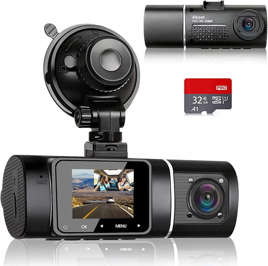 Abask J05 Dashcam Front and Inside Dual 1080P FHD - Angle 170°/140° With Night Vision,Parking Mode,G-Sizeensor,Loop Recording,WDR - With 32GB Card