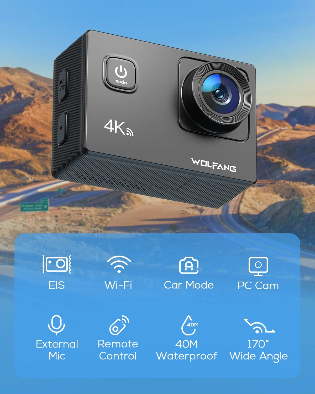 WOLFANG Action Camera 4K 20MP Action Cam Waterproof 40M Underwater Camera EISize Sizetabilization WiFi Video Camera 170�