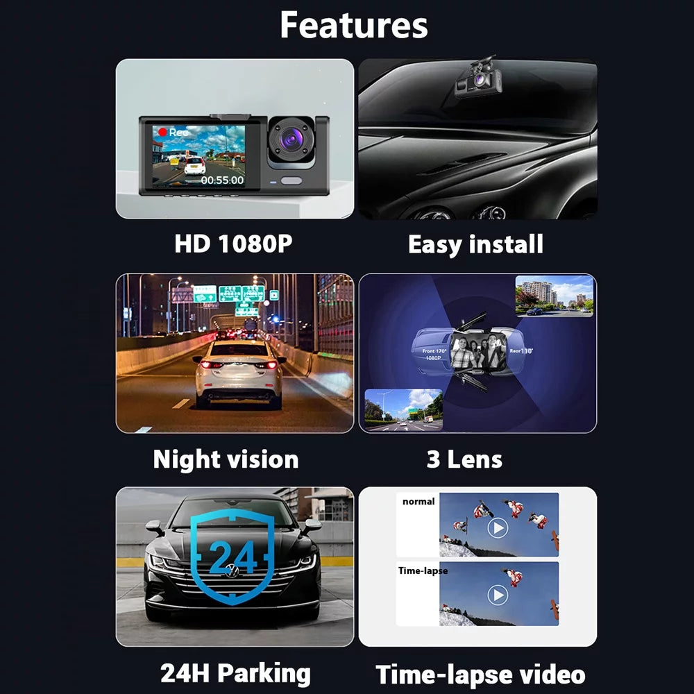 ammoon 3 Camera Dash Cam with WiFi, Clear Car Video Recorder for Auto Sizeafety Driving