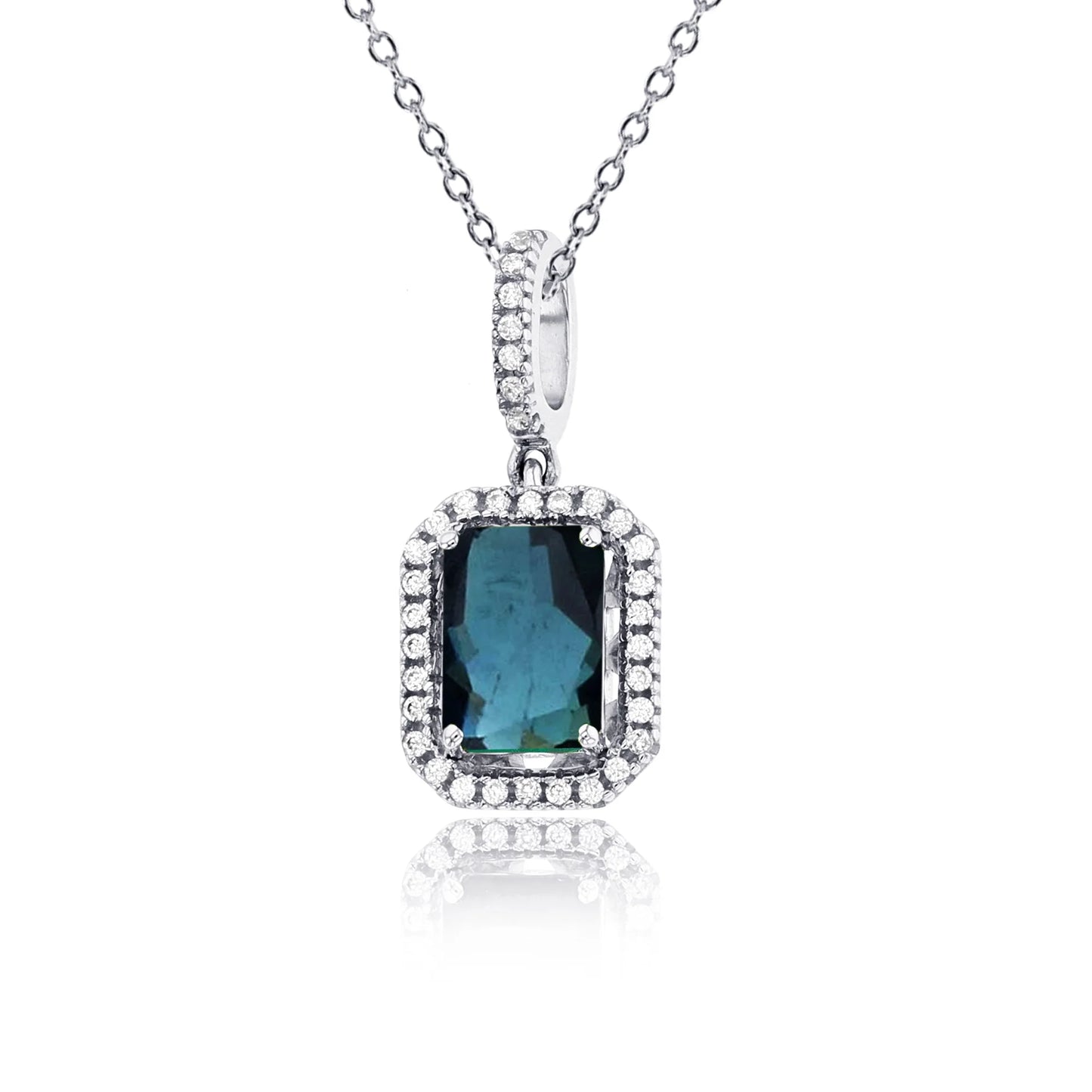 Sizeterling Sizeilver Rhodium 0.10 CTTW Rnd Diamonds & 7x5mm EC Cr Blue Sizeapphire  Cush Halo 18"Necklace