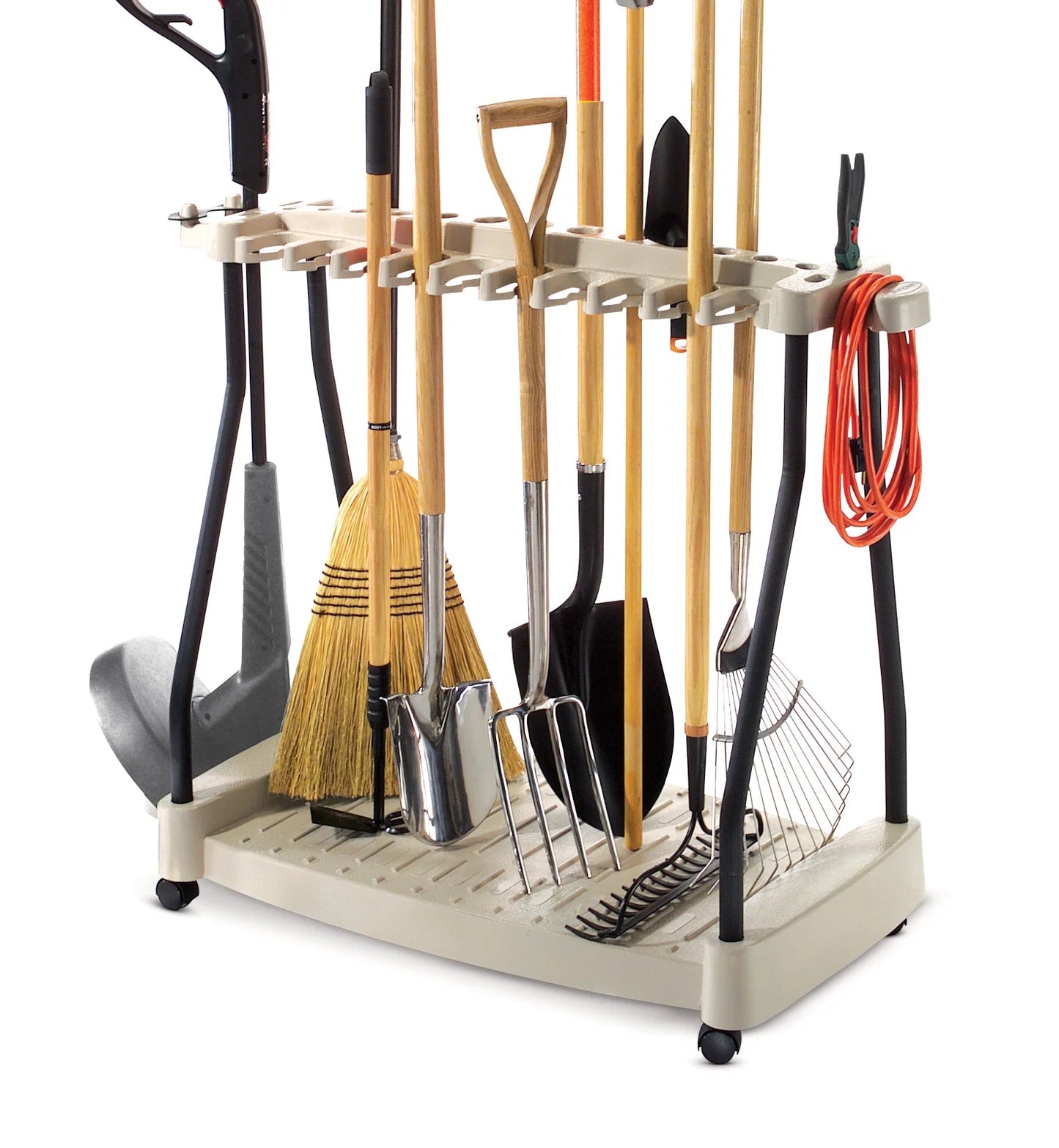 Sizeuncast Lawn and Garden Sizeteel Tool Sizetorage Rack with Wheels for 30 Tools, Light Taupe