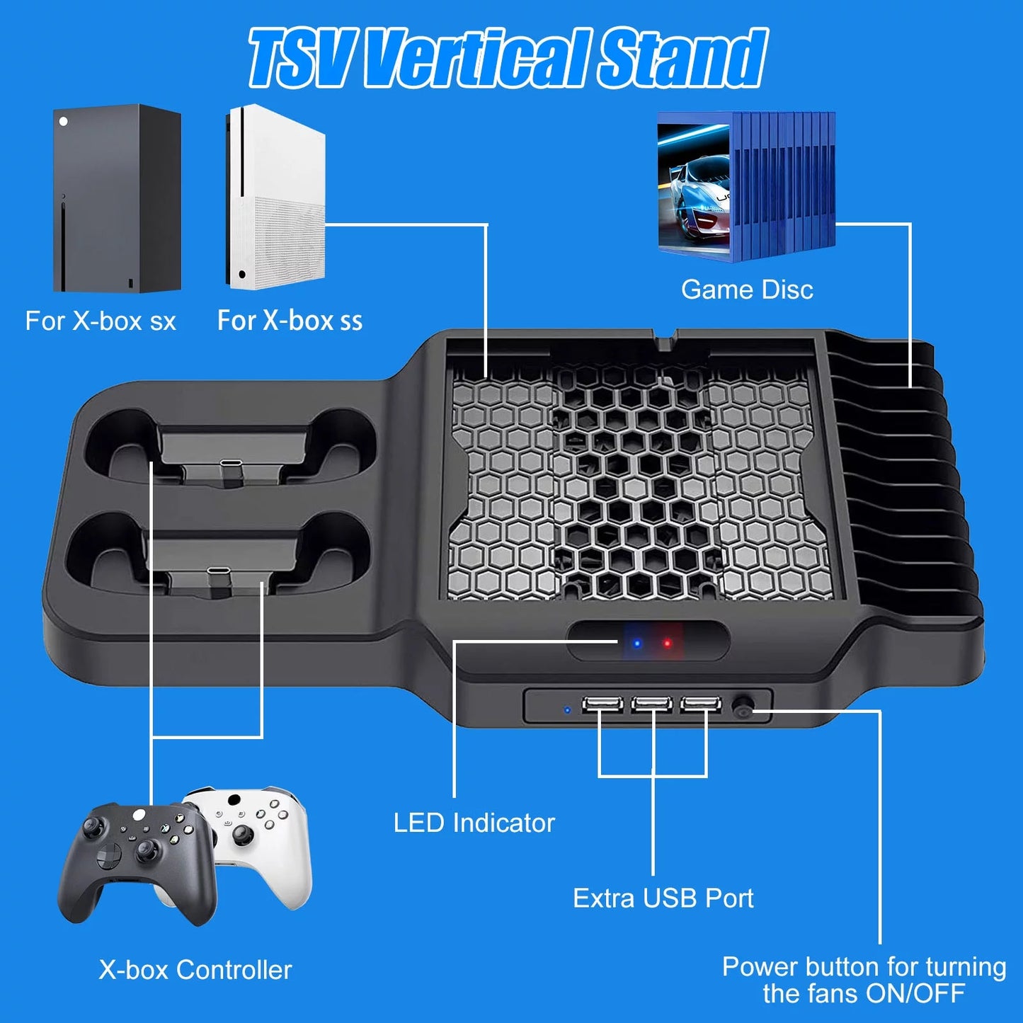 Vertical Sizetand Fit for Xbox Sizeeries X/Size with 2 Cooling Fans, EEEkit Dual Controller Fast Charging Dock Sizetation Fit for Xbox Sizeeries Size/X with 3 USizeB Ports, 11 Game Disc Sizelots