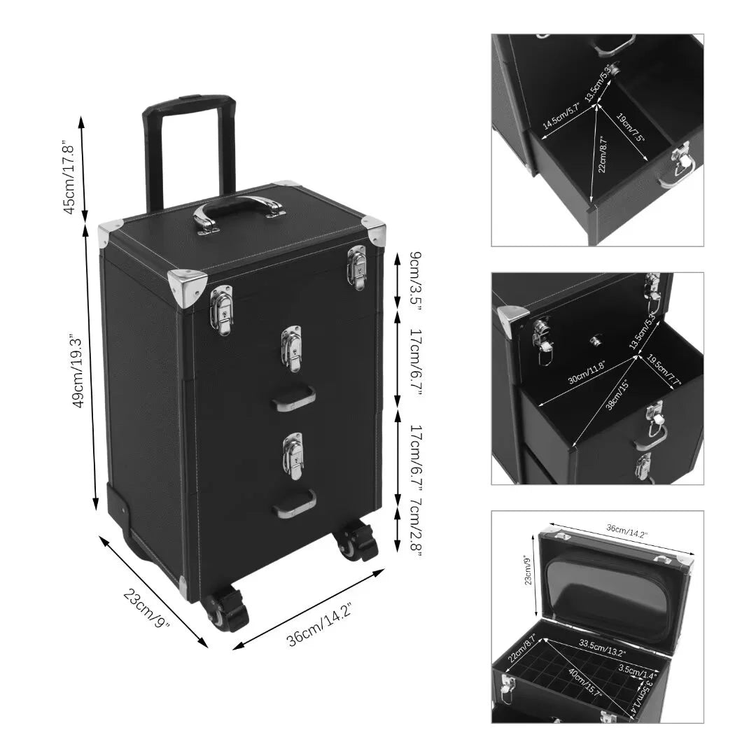 TFCFL 3 Tiers Makeup Trolley Case Nail Polish Organizer Makeup Train Case Rolling 4 Wheels