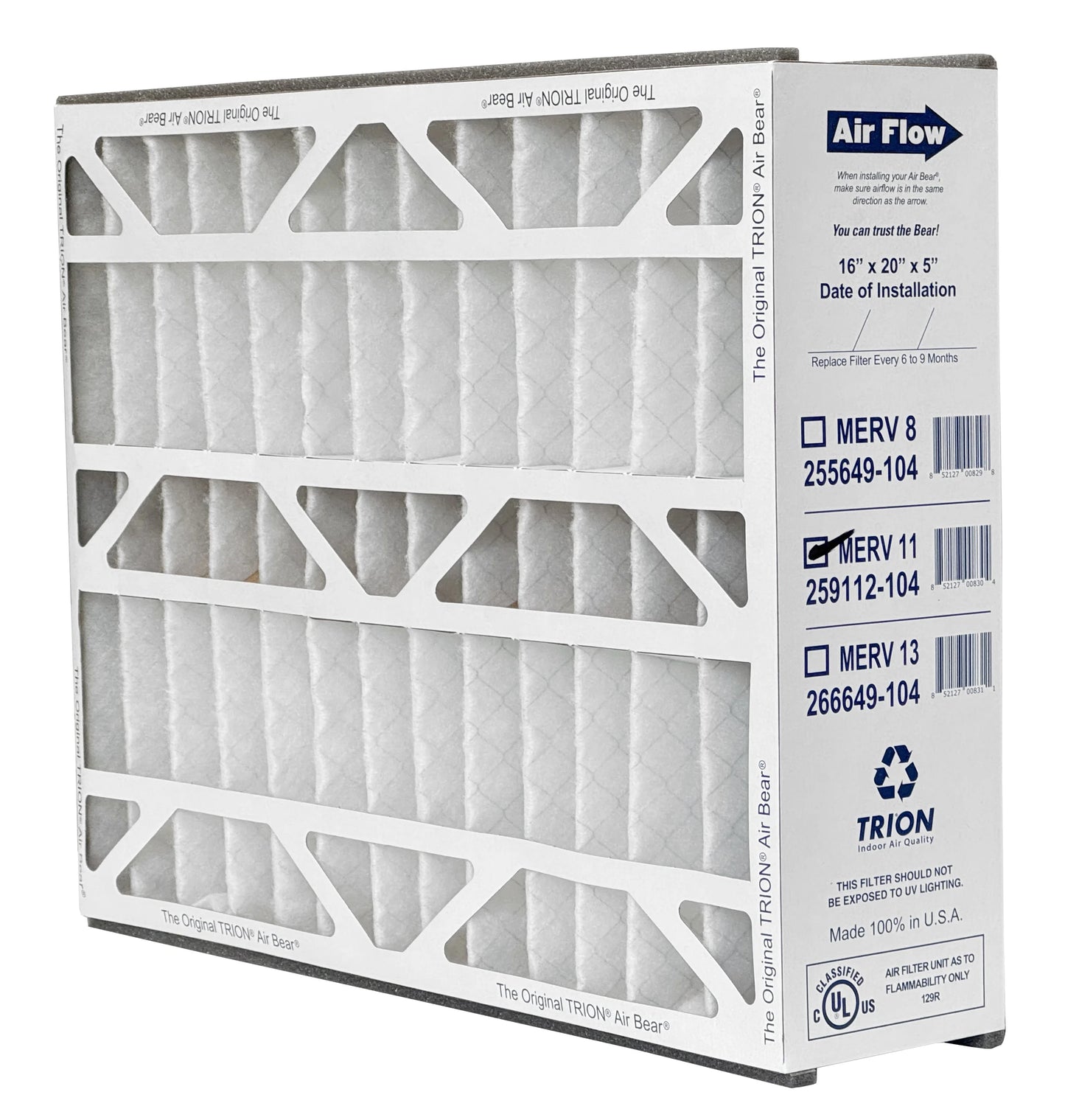 Trion Air Bear 259112-104 - 16" x 20" x 5" Pleated Air Filter, MERV 11