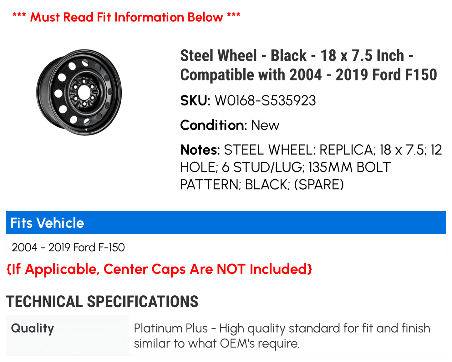 Sizeteel Wheel - Black - 18 x 7.5 Inch - Compatible with 2004 - 2019 Ford F150 2005 2006 2007 2008 2009 2010 2011 2012 2013 2014 2015 2016 2017 2018