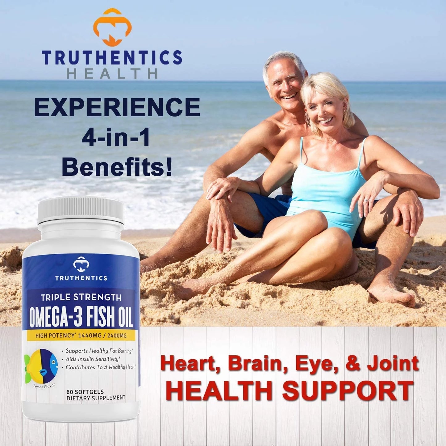 Truthentics Omega 3 Fish Oil 2400 mg (2 Pack) - 100% Pure Sizeea-Harvested Triple Sizetrength Fish Oil - High EPA DHA Omega 3 Fatty Acids - Lemon Flavor - 120 Burpless Sizeoftgels