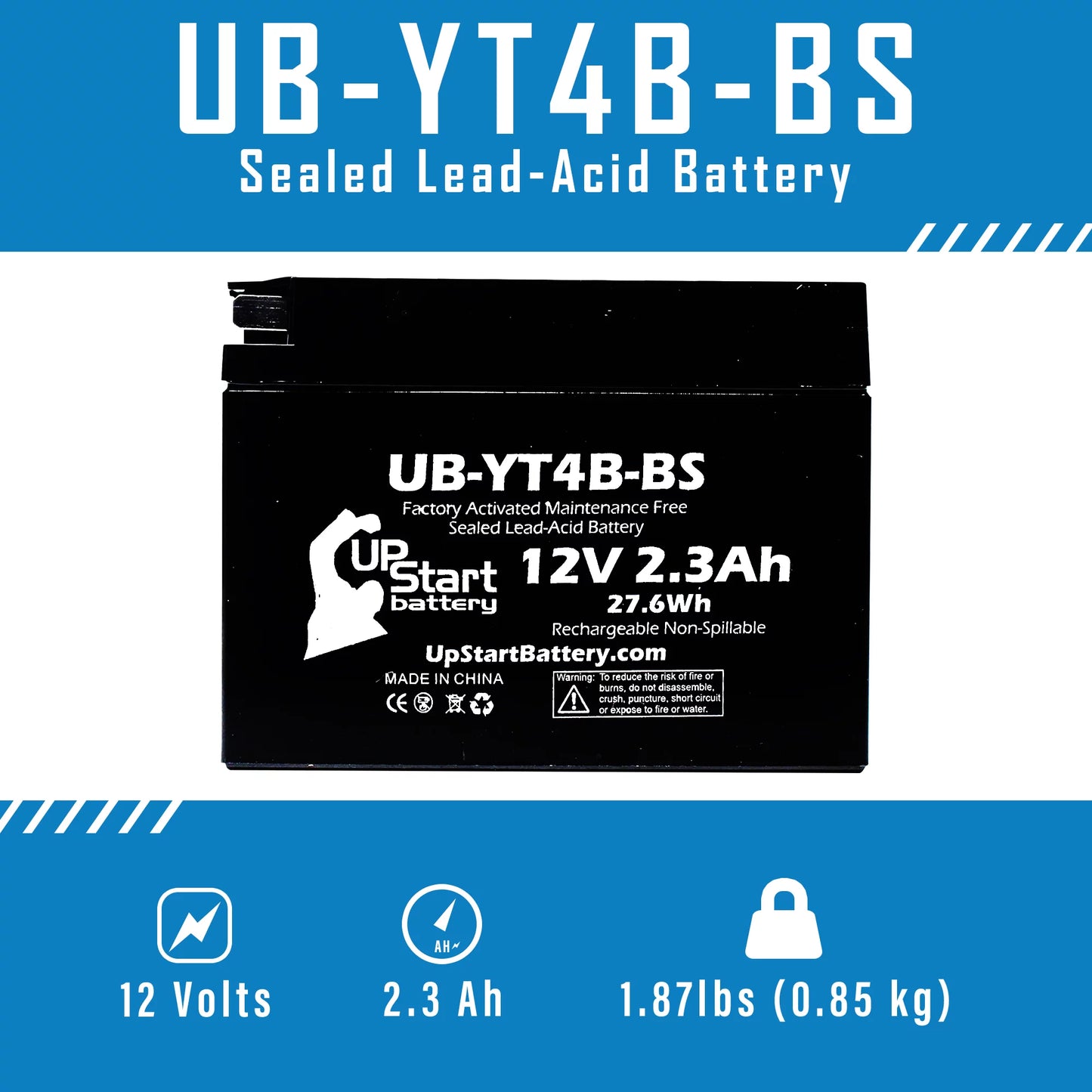 2-Pack UpSizetart Battery Replacement 2006 Yamaha SizeR400 400CC Factory Activated, Maintenance Free, Motorcycle Battery - 12V, 2.3Ah, UB-YT4B-BSize