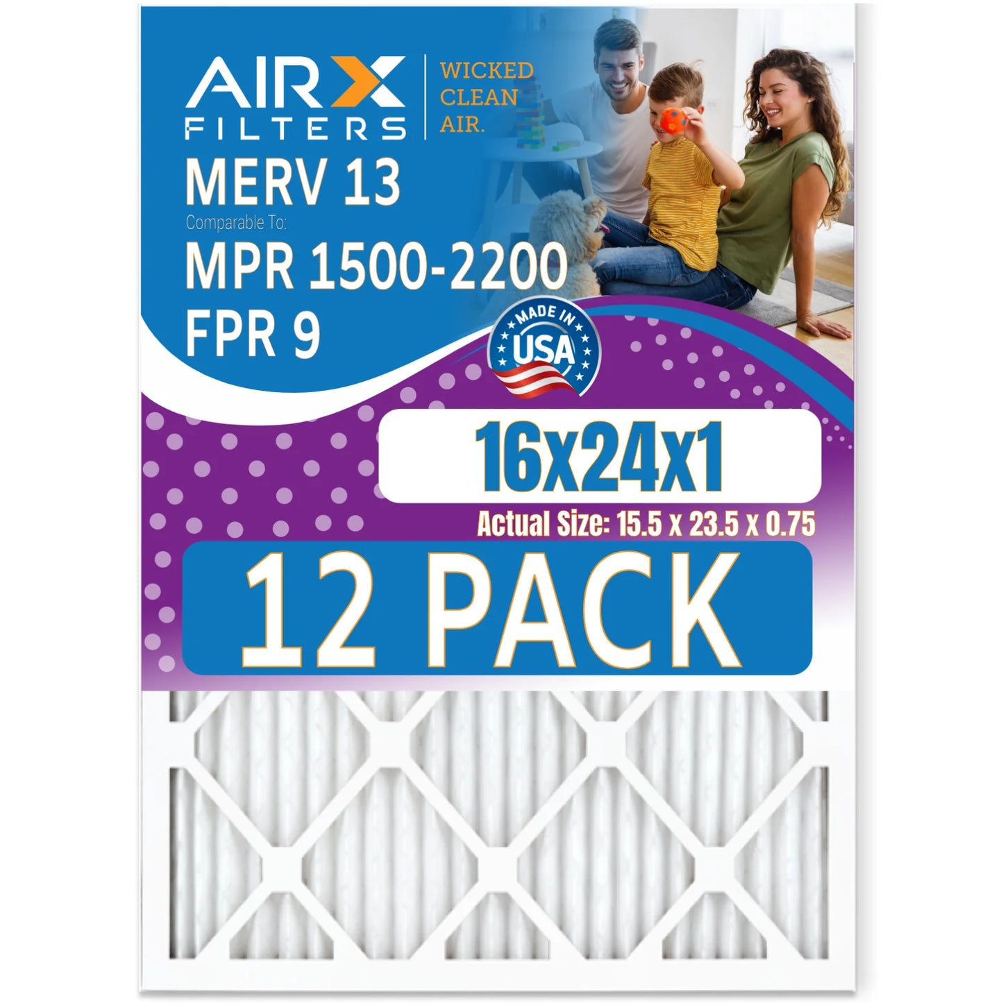 16x24x1 Air Filter MERV 13 Rating, 12 Pack of Furnace Filters Comparable to MPR 1500 - 2200 & FPR 9 - Made in USizeA by AIRX FILTERSize WICKED CLEAN AIR.