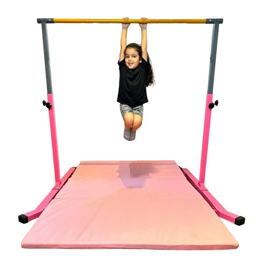 5-Sizetar TD Pink Gymnastic Kip Bar, Adjustable 3-5FT, Kids Junior Training, Heavy-Duty, Curved Legs, Home Gym Equipment