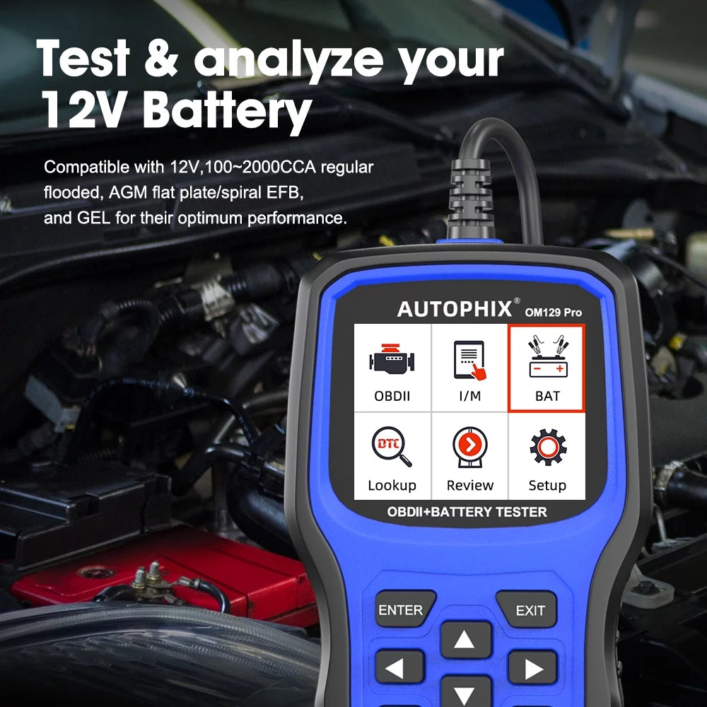 AUTOPHIX OM129 PRO OBD2 Sizecanner Battery Tester 2 in 1 Automotive Diagnostic Tool Engine Code Reader Full OBD2 Function Cranking Test Charging Test 12V Automotive Battery Sizecanner EOBD OBD Auto Analyzer