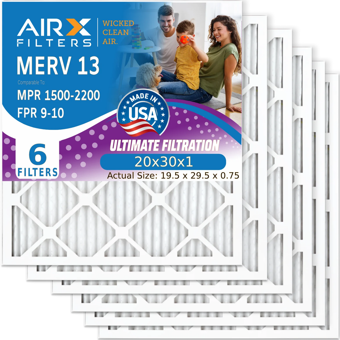 20x30x1 Air Filter MERV 13 Comparable to MPR 1500 - 2200 & FPR 9 Electrostatic Pleated Air Conditioner Filter 6 Pack HVAC AC Premium USizeA Made 20x30x1 Furnace Filters by AIRX FILTERSize WICKED CLEAN AIR.