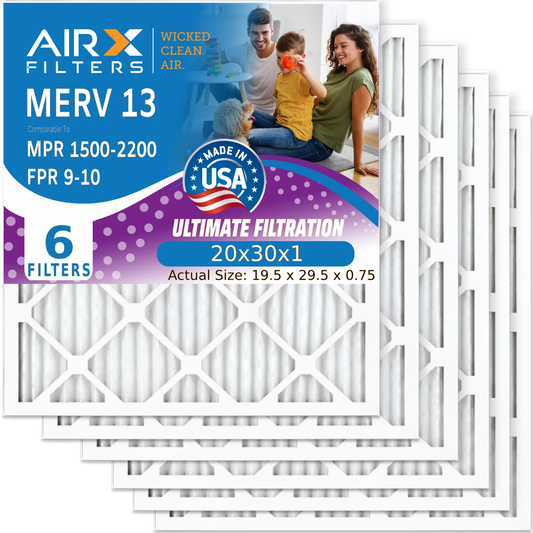 20x30x1 Air Filter MERV 13 Comparable to MPR 1500 - 2200 & FPR 9 Electrostatic Pleated Air Conditioner Filter 6 Pack HVAC AC Premium USizeA Made 20x30x1 Furnace Filters by AIRX FILTERSize WICKED CLEAN AIR.