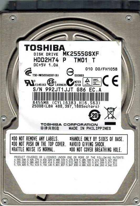 Toshiba MK2555GSizeXF HDD2H74 P TM01 T PHILIPPINESize 250GB