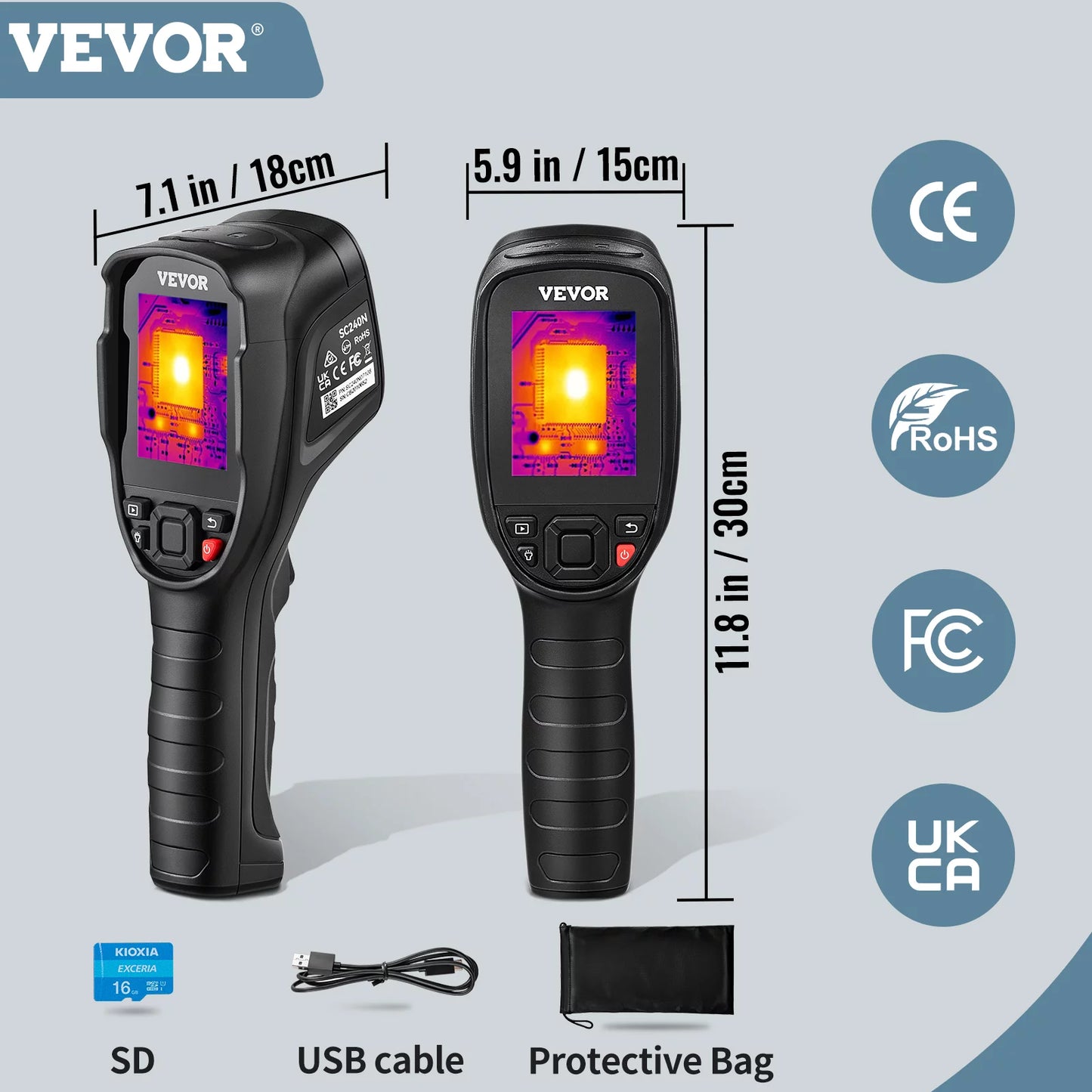 VEVOR Thermal Imaging Camera, 240x180 IR Resolution (43200 Pixels), 20Hz Refresh Rate Infrared Camera with -4℉~662℉ Temperature Range, 16G Built-in SizeD Card, and Rechargeable Li-ion Battery