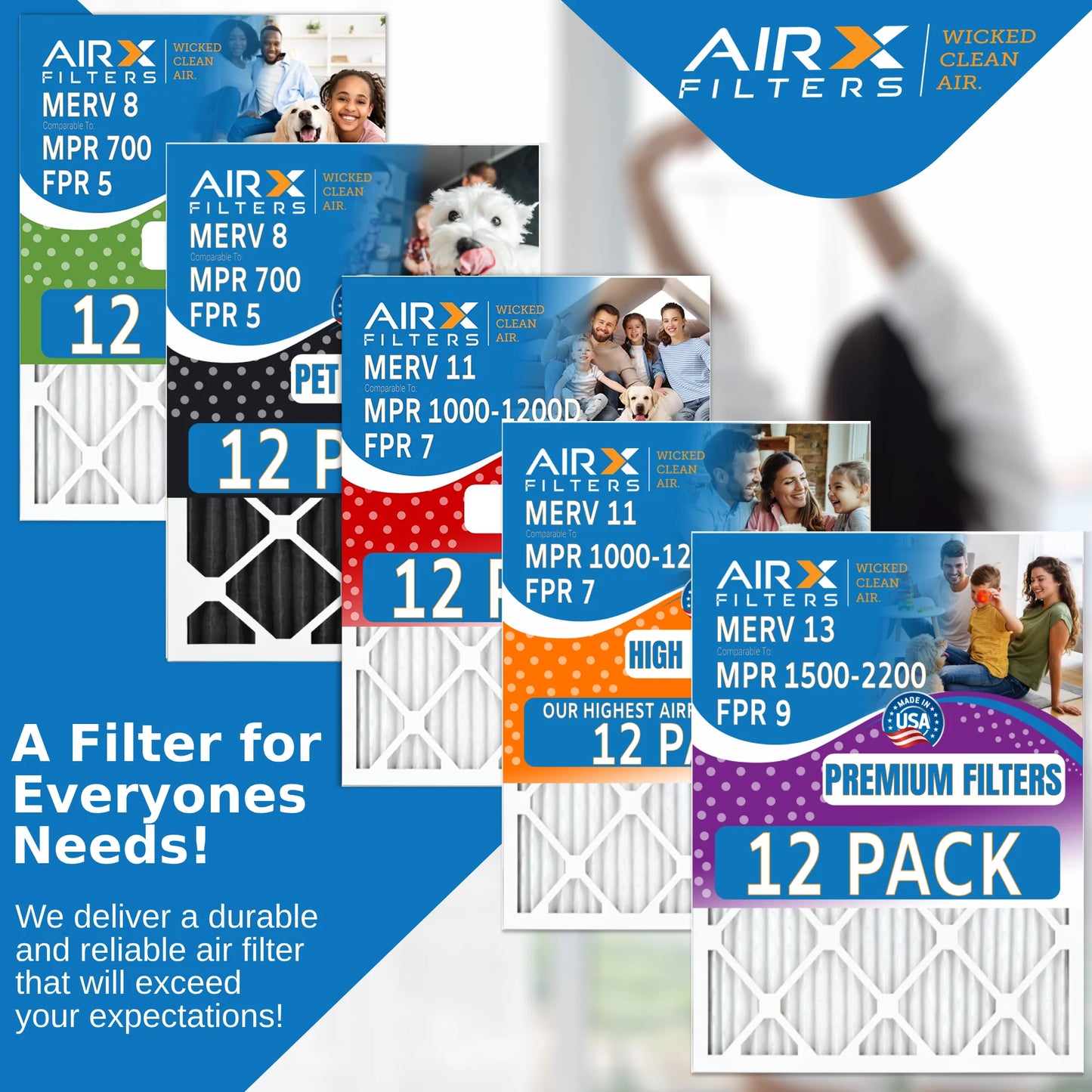 16x25x1 Air Filter MERV 8 Rating, 12 Pack of Furnace Filters Comparable to MPR 700, FPR 5, Pet Odor Retention Filters - Made in USizeA by AIRX FILTERSize WICKED CLEAN AIR.