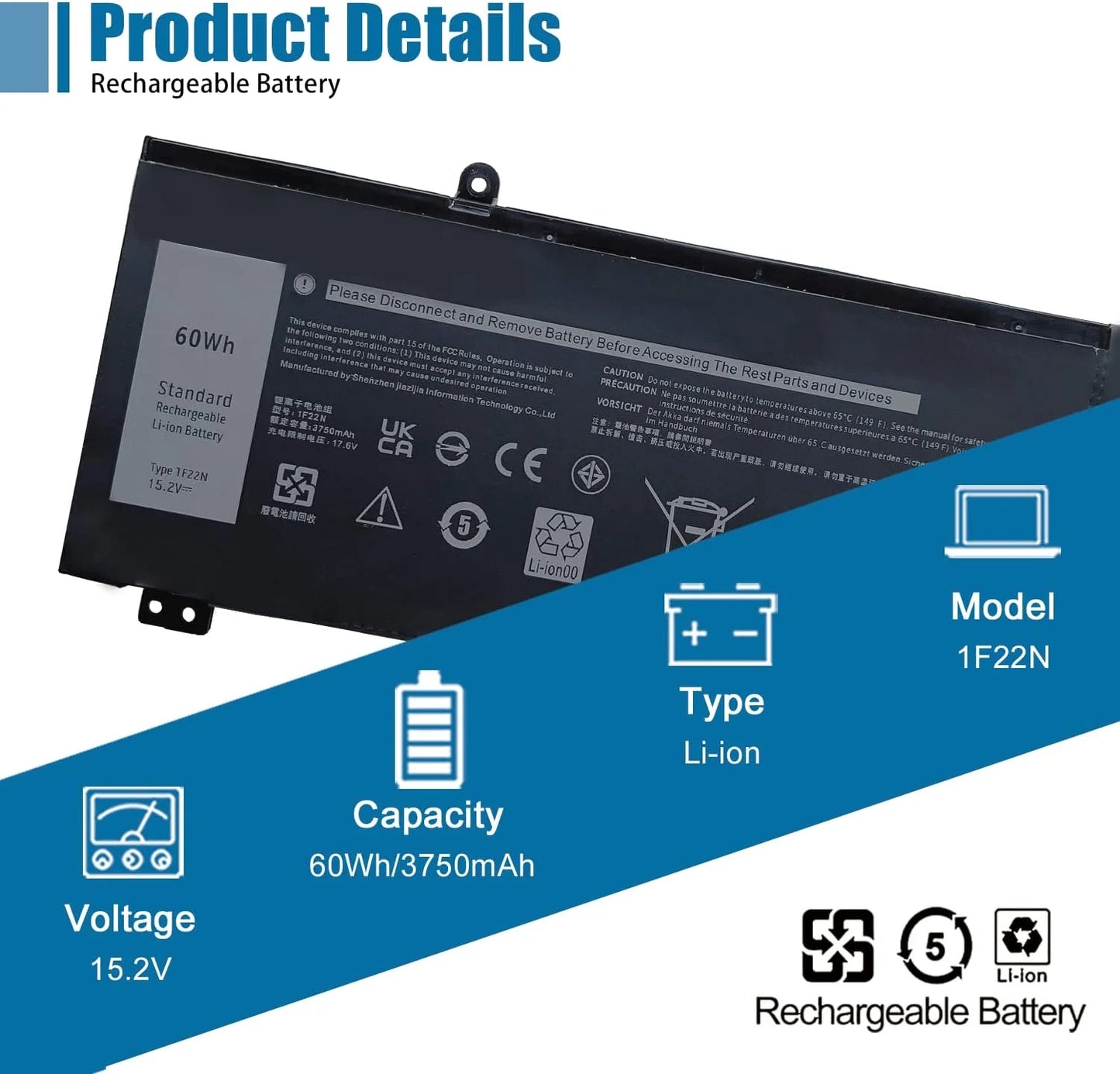 1F22N Laptop y, 15.2V 60Wh 3750mAh 4-Cell Compatible with Dell Alienware M15 M17 R1 G7 7590 7790 G5 5590-D2783W