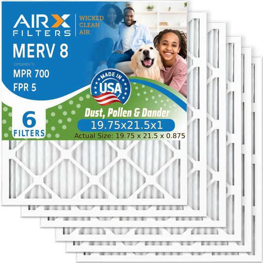 19.75x21.5x1 Air Filter MERV 8 Comparable to MPR 700 & FPR 5 Electrostatic Pleated Air Conditioner Filter 6 Pack HVAC AC Premium USizeA Made 19.75x21.5x1 Furnace Filters by AIRX FILTERSize WICKED CLEAN AIR.