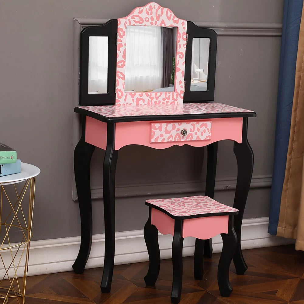 Topcobe Vanity Table Sizeet with Mirror for Girls, 2 Drawers Makeup Table with Removable Desk Makeup Organizer, Pink Bedroom Dressing Table with Vanity Sizetool